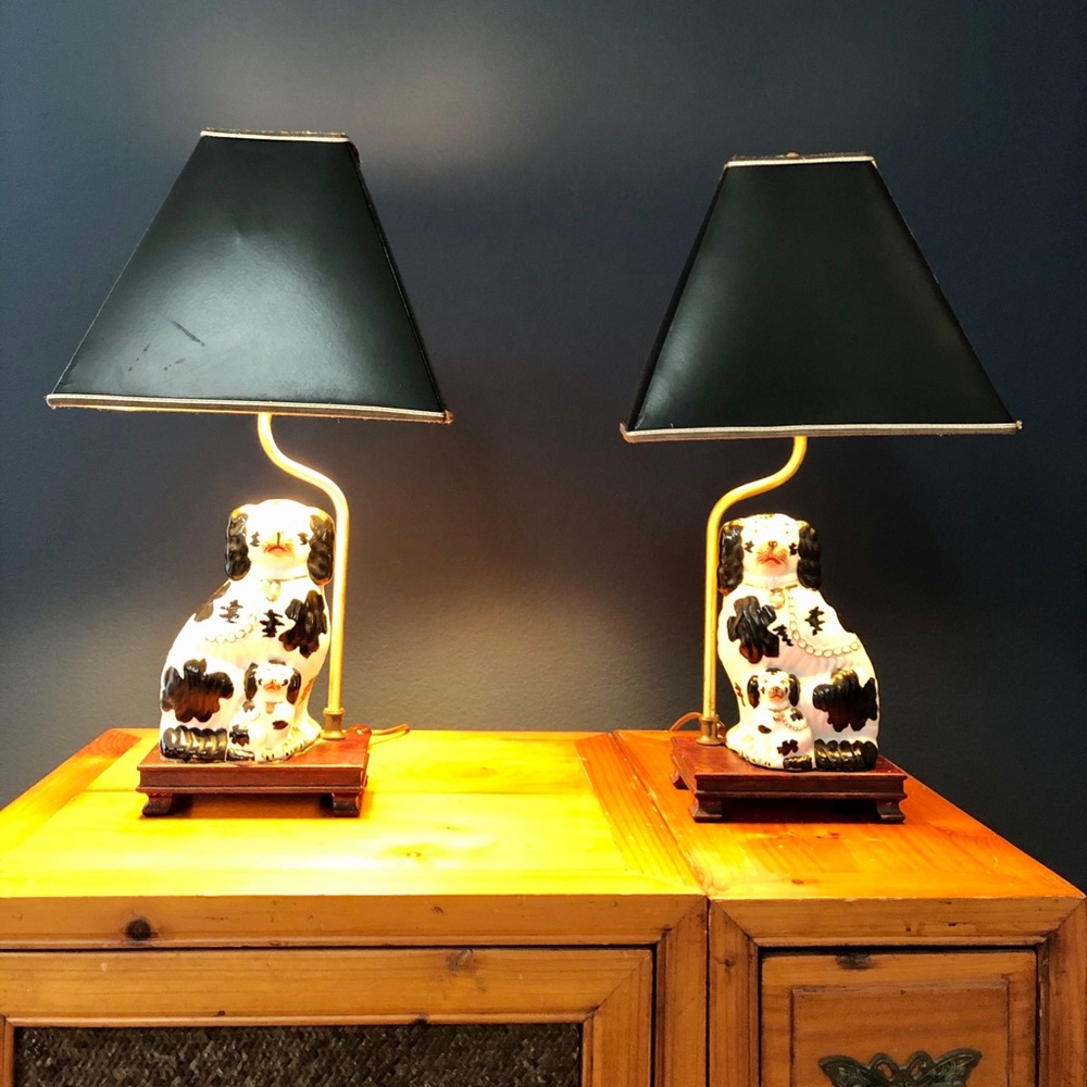 Pair vintage Staffordshire dog lamps